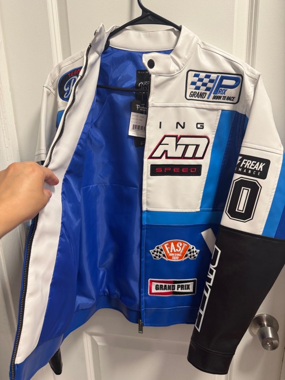 Team Racing Blue White Patchwork Motorcycle Jacket - Picture 4 of 5